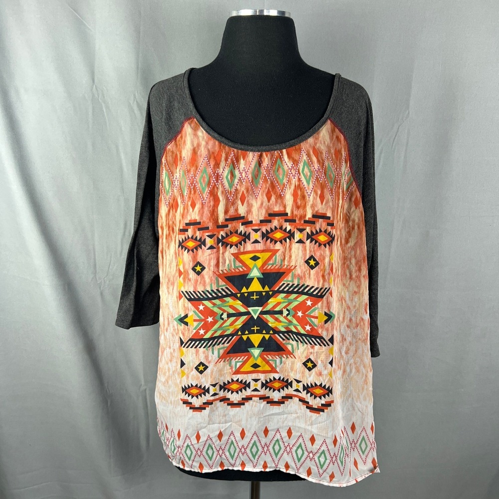 Minimi Shirt Womens 2XL Multicolor Aztec Southwestern Raglan Sleeve Round Neck